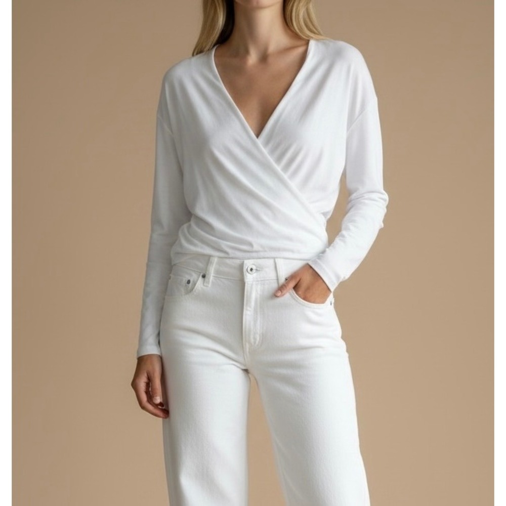 Maeve by Anthropologie White Surplice Wrap Top Size XL Long Sleeve V-Neck Blouse